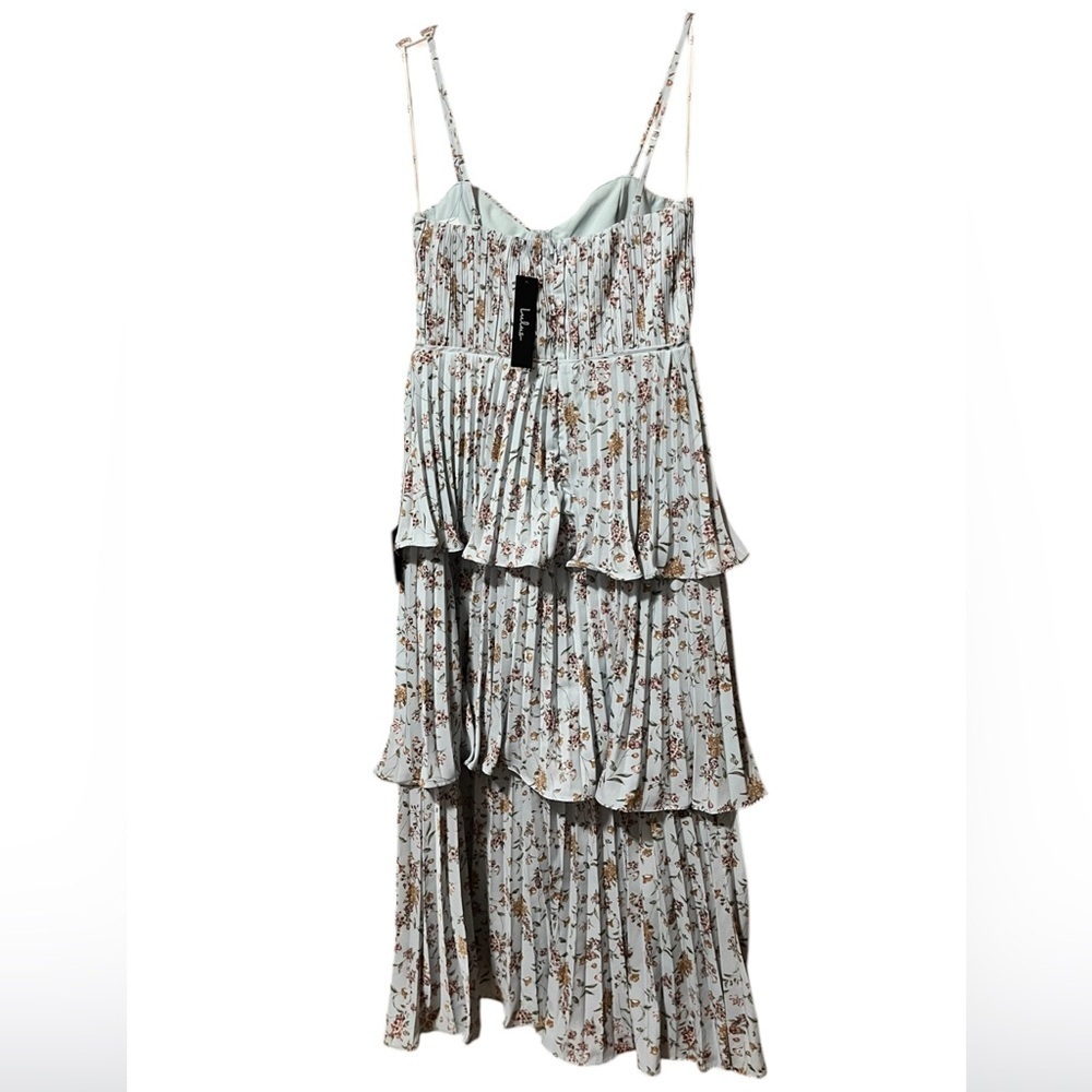 Lulus Cascading Crush Pale Blue Floral Print Tiered Bustier Midi Dress-Small - Picture 13 of 16